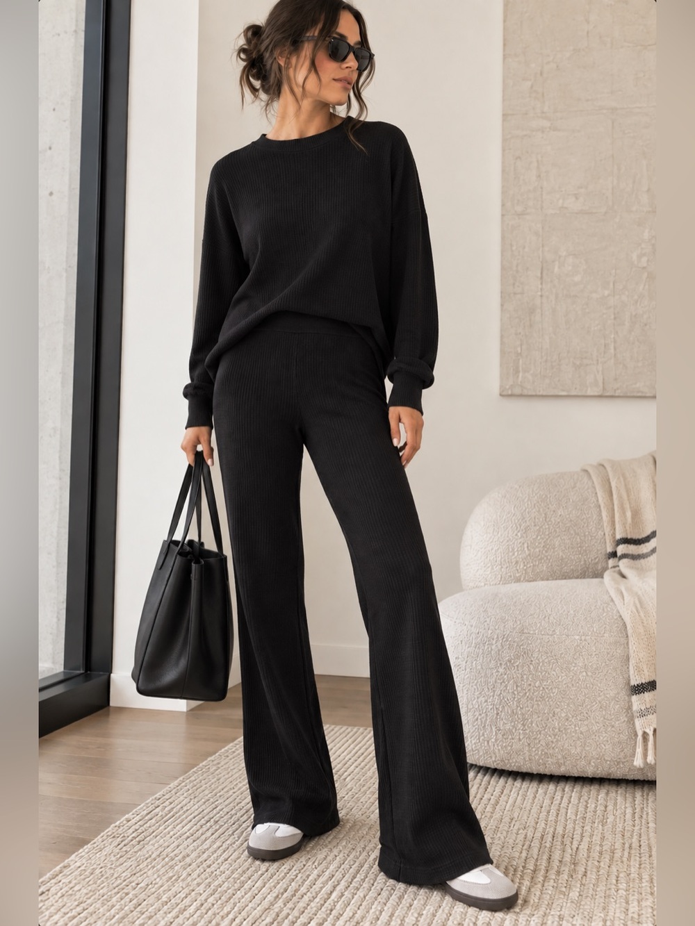Sunday Best Waffle Knit Lounge Pants Black Bootcut Size S